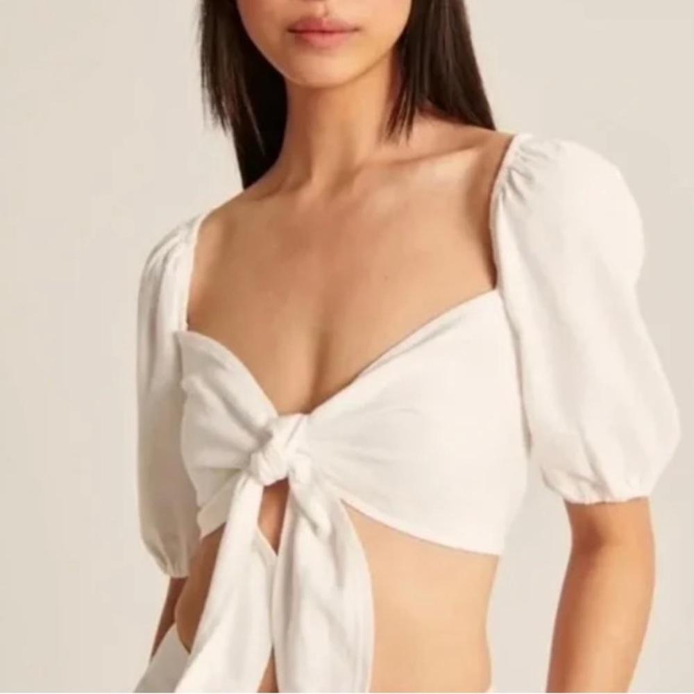 Abercombie & Fitch Linen Green Puff Sleeve Front Tie Crop Top Size Medium
